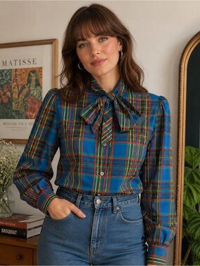 Vintage Levi Strauss Plaid Secretary Bow Blouse Retro Preppy Top 12